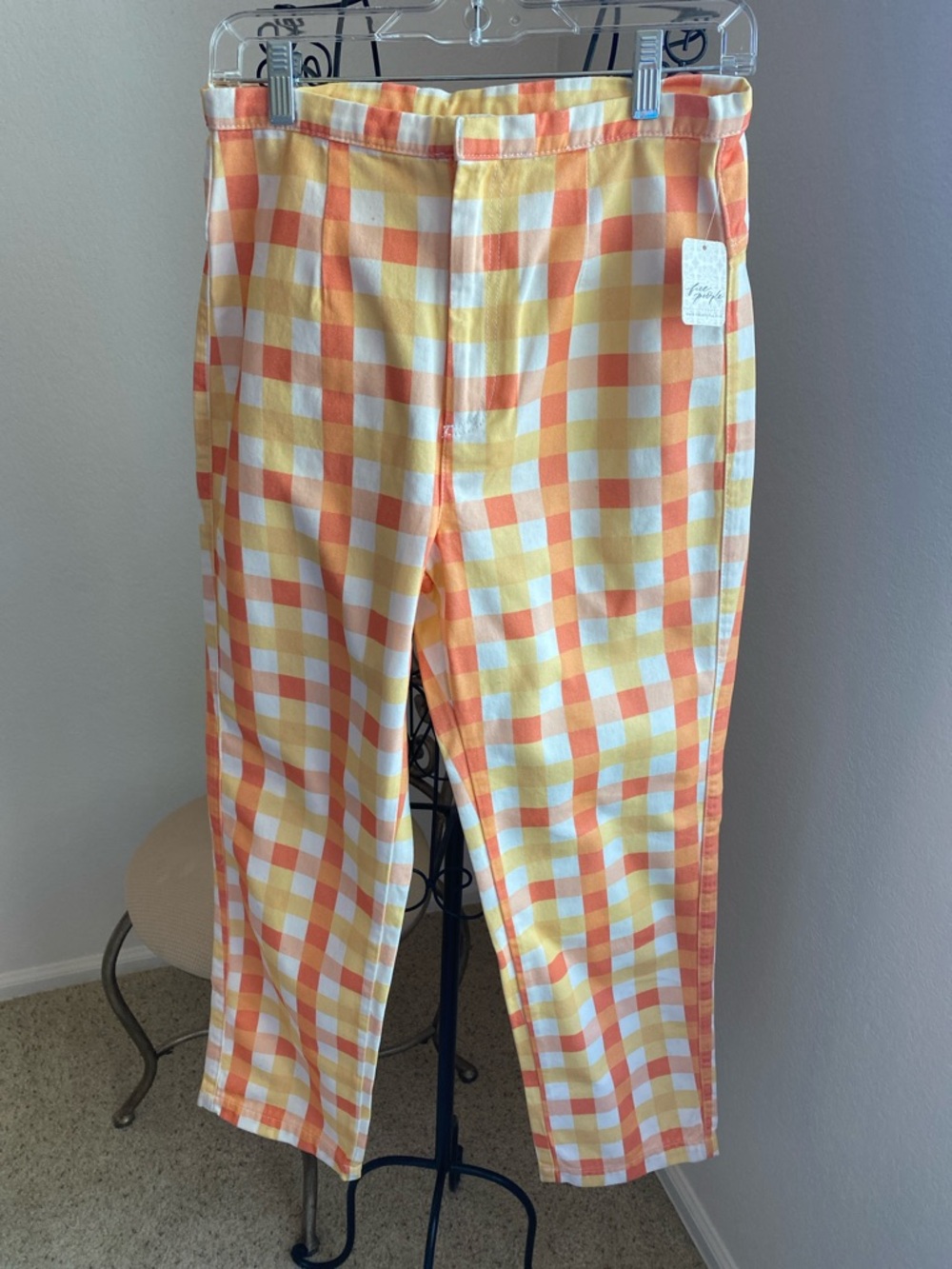 NWT Free People Gingham Pants in Orange and Yellow